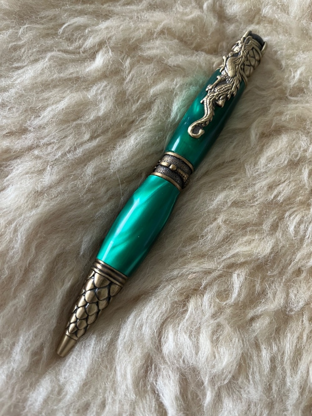 Antique Brass Dragon Pen with Green Resin Barrel